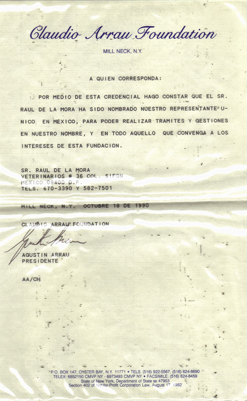 Carta de Representación de la Fundacíon Claudio Aarrau